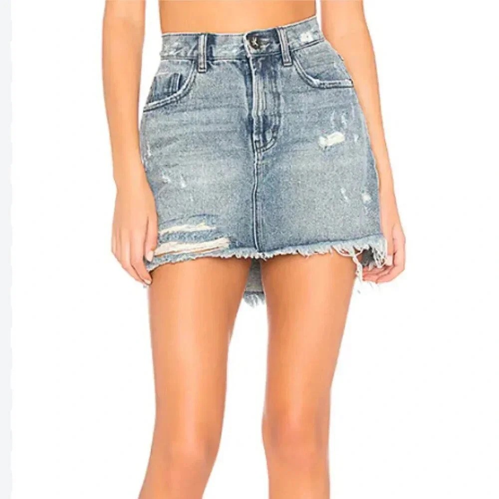 One Teaspoon 2020 Mini Denim Skirt Distressed Frayed Hem Light Blue Size 26